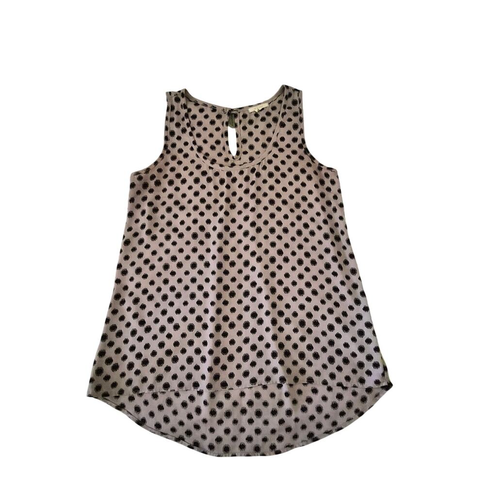 Pleione Polka Dot Ikat Sleeveless Blouse XS Gray Black High Low Hem USA